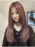 ミディアムハッシュレイヤーカットピンクグレージュモカベージュ