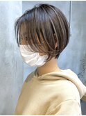 ハイライトショートボブ 前髪なし 白髪染め 簡単セット