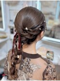 結婚式 お呼ばれ 編みおろしポニー+ベロアリボン パールピン