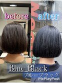 ブルーブラックネイビーブルー暗髪前下がりボブアッシュブラック
