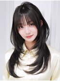 顔周りレイヤーロングウルフカット前髪カット_F30778