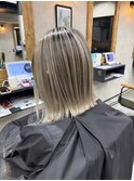 バレイヤージュ、ハイライト、レイヤーロング、グレーベージュ