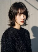 ハイライトクラゲヘアミニボブ成人式パーマミディアム裾カラー