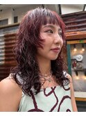 オン眉パーマロングパーマ暖色カラー