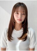 小顔 前髪 レイヤーカット くびれヘア  アプリコットオレンジ"