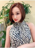オレンジベージュ　大人ボブ　前髪なし　韓国ヘア