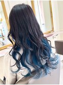 ブルーグラデーション×ウェーブロングハイライトカラー