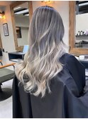 バレイヤージュ、ハイライト、レイヤーロング、グレーベージュ