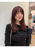 顔周りレイヤーカット/チェリーカラー/ワインレッド/ロングヘア