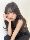 小顔薄めバンググレージュレイヤーロング前髪パーマ黒髪