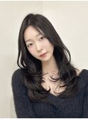 秋の小顔ロングレイヤーカット顔周りシールエクステブルーカラー
