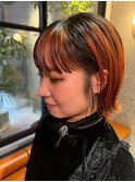毛先にネビージュを入れた黒髪とオレンジのワンレンで小顔に!☆