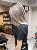 バレイヤージュ、ハイライト、レイヤーロング、グレーベージュ