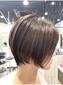 ロングショートワンカールパーマカーキグレージュ前髪錦糸町