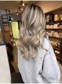 バレイヤージュ、ハイライト、レイヤーロング、グレーベージュ