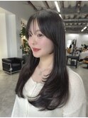 シースルーバング ロングレイヤーレイヤーカット オリーブカラー