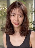小顔ミディアムパーマボブルフワンレンネビージュボブパーマ黒髪