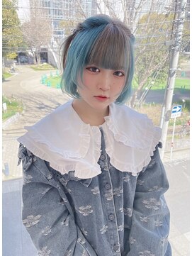 インク サカエ(inq sakae) セクションカラー/ボブ/グレー/アクアブルー