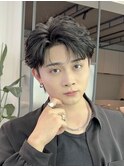 韓国風センターパートシースルーバングメンズ透明感カラー