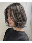 デザインカラーレイヤーカットウェットヘアオリーブベージュ白髪