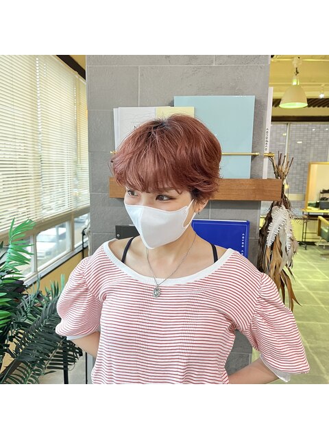 □血色感カラー☆ふわふわショートヘア×ピンクオレンジカラー□