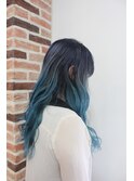 黒髪暗髪ゆるふわ寒色系カラーグラデーション×ターコイズブルー