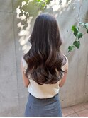 黒髪/グレーベージュ/レイヤーロング/前髪パーマ