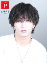 リップス 天神(LIPPS)&nbsp;緩め波巻きシャドウパーマツーブロックマッシュウルフヘア黒髪