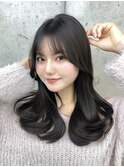 美髪アッシュブラック韓国レイヤーロングセミディ顔周り前髪