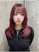 ピンクワインレッド小顔ウルフレイヤーくびれロングレイヤーボブ
