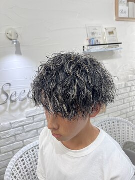 ヘアーグランデシーク(Hair Grande Seeek) 波巻きツイストスパイラルパーマホワイトメッシュハイライト