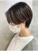 ハンサムショートボブ切りっぱなし前下がりミニボブ前髪なし調布