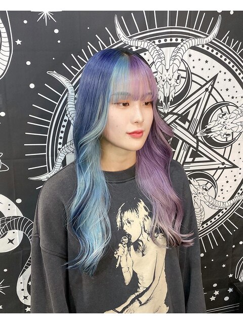 light blue × purple