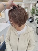 大人くすみピンクベージュハイライト白髪ぼかし