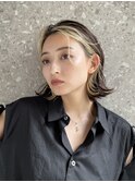 フェイスフレーミングインナーカラーボブベージュ黒髪30代20代