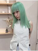 ミントグリーンブリーチダブルカラー切りっぱなしハイトーン横浜