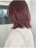 レイヤーミディアム くびれヘア オレンジレッド