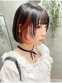 オレンジカラー　インナーカラー　デザインカラー　ボブ