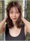 小顔ミディアムパーマボブルフワンレンネビージュボブパーマ黒髪