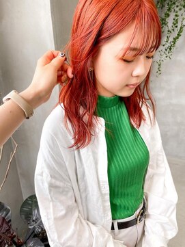 テトヘアー(teto hair) オレンジカラーミディアムヘアオレンジブラウンダブルカラー
