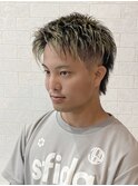 メンズショートウルフ２ブロックアップバングハイライトカラー