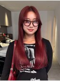 ロングレイヤー赤髪ダークレッドブリーチなしダブルカラー