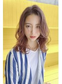 かきあげ前髪にココアブラウンのフリンジウェーブミディアム藤沢