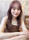 レイヤーカット　レッドカラー　ブリーチなしカラー
