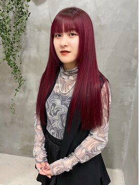 テトヘアー(teto hair) 暖色ピンクカラーロング切りっぱなしワイドバング