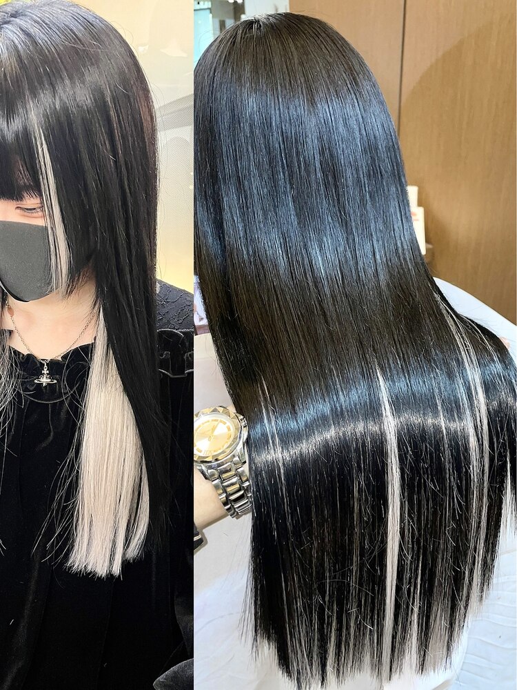 前髪&インナーカラー◇シールエクステ/黒髪×ホワイト《南船場 