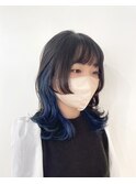 ＊姫カットウルフヘア黒髪グレー×インナーカラーブルーネイビー