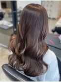 韓国ヘアロングレイヤーカットショコラブラウン前髪カット