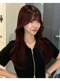 【kumu】暖色ブリーチなしカシスレッド/韓国風小顔レイヤー