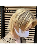センターパートツイストスパイラルパーマメンズブリーチカラー